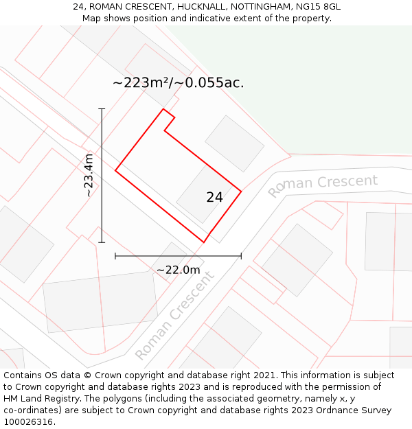 24, ROMAN CRESCENT, HUCKNALL, NOTTINGHAM, NG15 8GL: Plot and title map