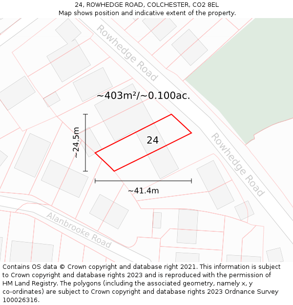 24, ROWHEDGE ROAD, COLCHESTER, CO2 8EL: Plot and title map