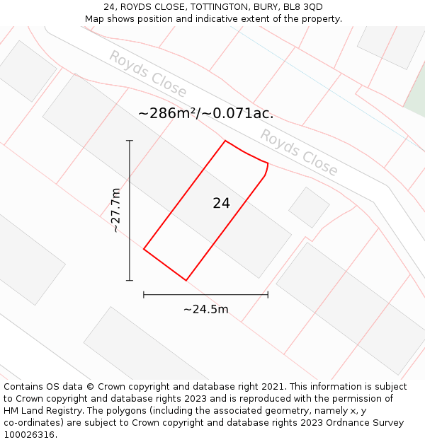 24, ROYDS CLOSE, TOTTINGTON, BURY, BL8 3QD: Plot and title map