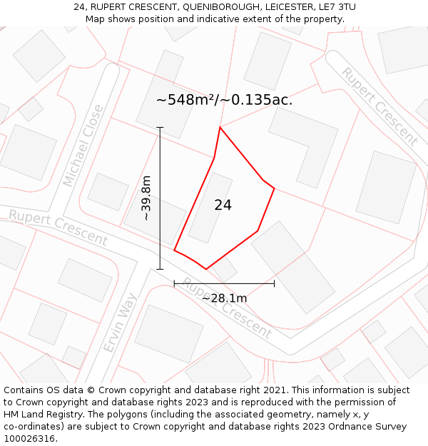 24, RUPERT CRESCENT, QUENIBOROUGH, LEICESTER, LE7 3TU: Plot and title map