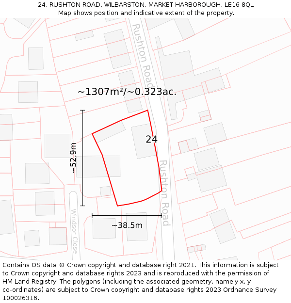 24, RUSHTON ROAD, WILBARSTON, MARKET HARBOROUGH, LE16 8QL: Plot and title map