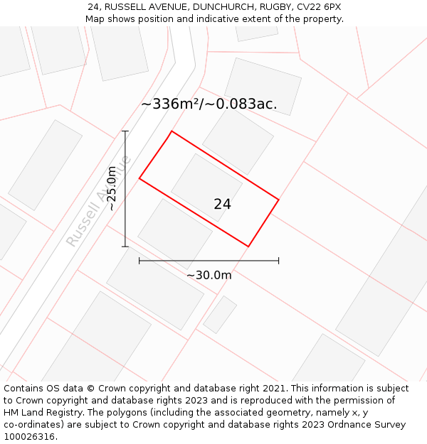 24, RUSSELL AVENUE, DUNCHURCH, RUGBY, CV22 6PX: Plot and title map