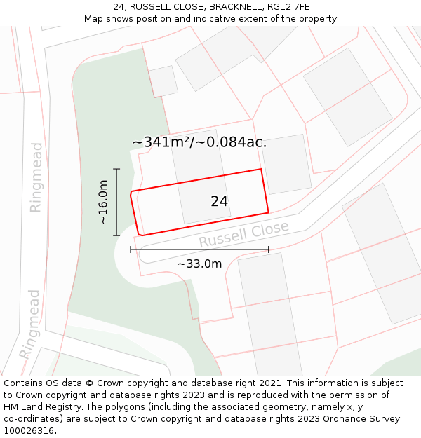 24, RUSSELL CLOSE, BRACKNELL, RG12 7FE: Plot and title map