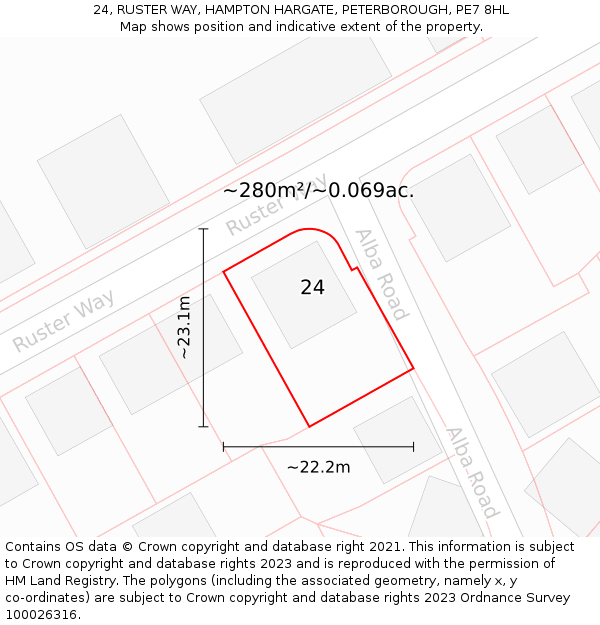 24, RUSTER WAY, HAMPTON HARGATE, PETERBOROUGH, PE7 8HL: Plot and title map