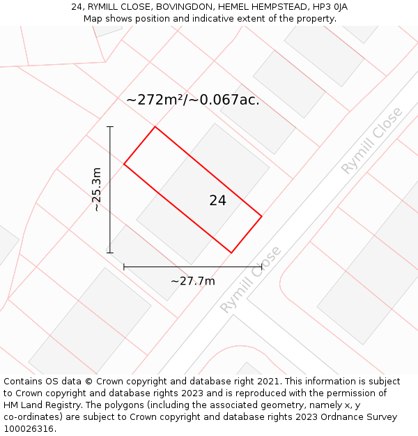 24, RYMILL CLOSE, BOVINGDON, HEMEL HEMPSTEAD, HP3 0JA: Plot and title map