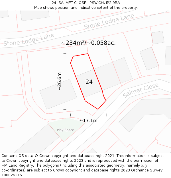 24, SALMET CLOSE, IPSWICH, IP2 9BA: Plot and title map