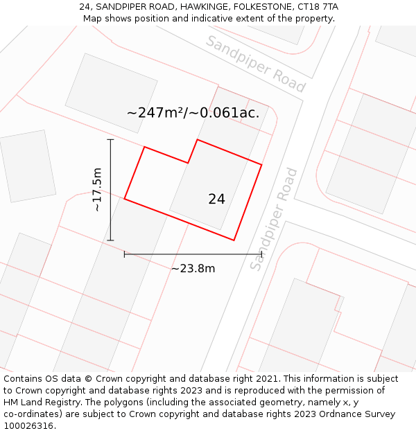 24, SANDPIPER ROAD, HAWKINGE, FOLKESTONE, CT18 7TA: Plot and title map