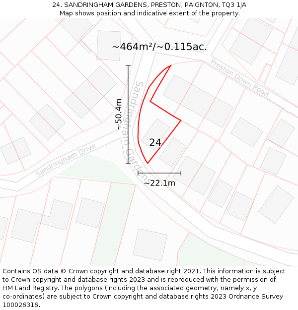 24, SANDRINGHAM GARDENS, PRESTON, PAIGNTON, TQ3 1JA: Plot and title map
