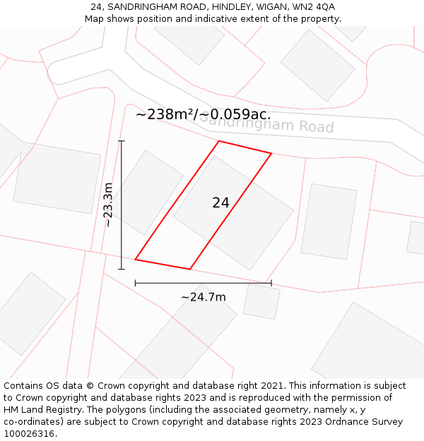 24, SANDRINGHAM ROAD, HINDLEY, WIGAN, WN2 4QA: Plot and title map