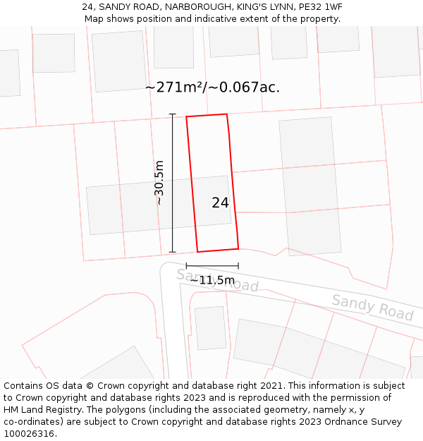 24, SANDY ROAD, NARBOROUGH, KING'S LYNN, PE32 1WF: Plot and title map