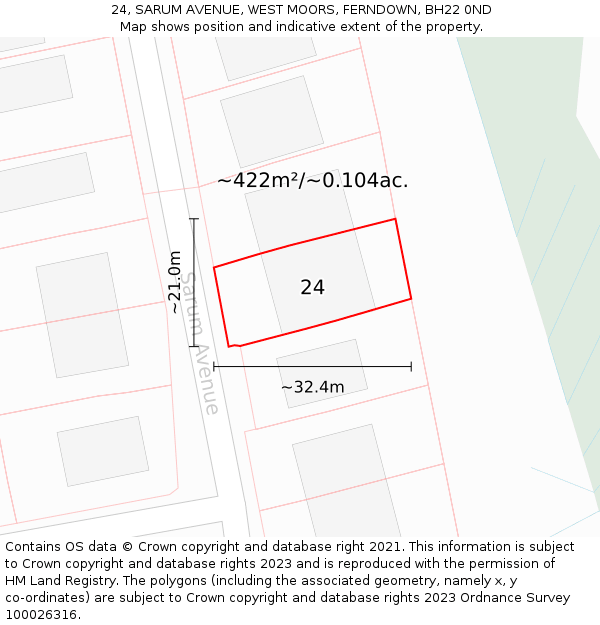 24, SARUM AVENUE, WEST MOORS, FERNDOWN, BH22 0ND: Plot and title map