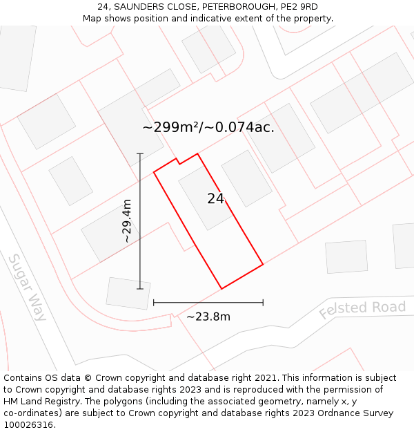 24, SAUNDERS CLOSE, PETERBOROUGH, PE2 9RD: Plot and title map