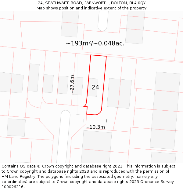 24, SEATHWAITE ROAD, FARNWORTH, BOLTON, BL4 0QY: Plot and title map