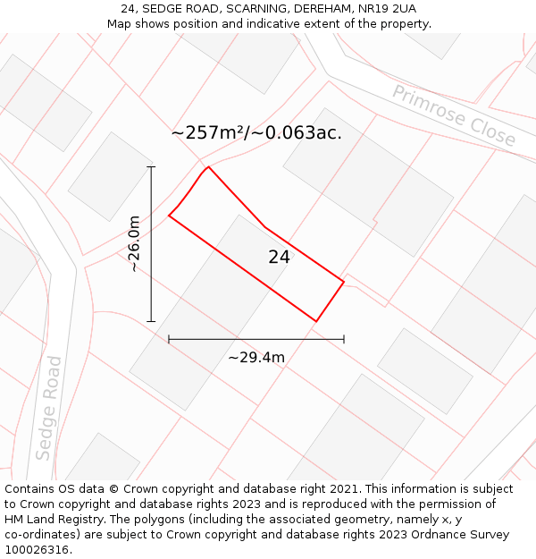 24, SEDGE ROAD, SCARNING, DEREHAM, NR19 2UA: Plot and title map