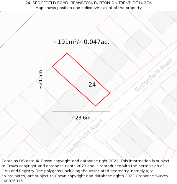 24, SEDGEFIELD ROAD, BRANSTON, BURTON-ON-TRENT, DE14 3GN: Plot and title map