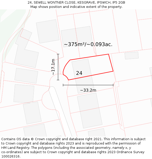 24, SEWELL WONTNER CLOSE, KESGRAVE, IPSWICH, IP5 2GB: Plot and title map