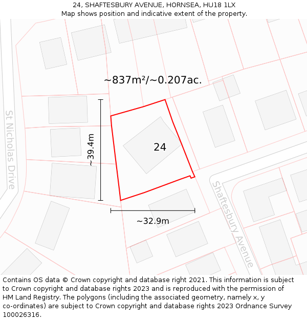 24, SHAFTESBURY AVENUE, HORNSEA, HU18 1LX: Plot and title map
