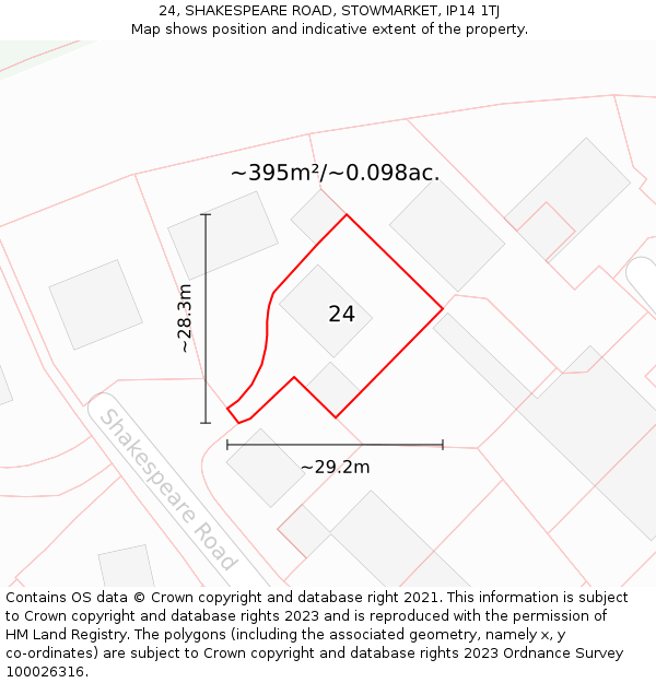 24, SHAKESPEARE ROAD, STOWMARKET, IP14 1TJ: Plot and title map