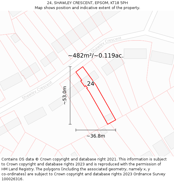 24, SHAWLEY CRESCENT, EPSOM, KT18 5PH: Plot and title map