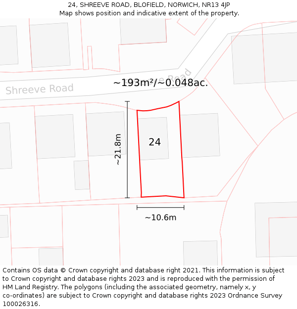 24, SHREEVE ROAD, BLOFIELD, NORWICH, NR13 4JP: Plot and title map