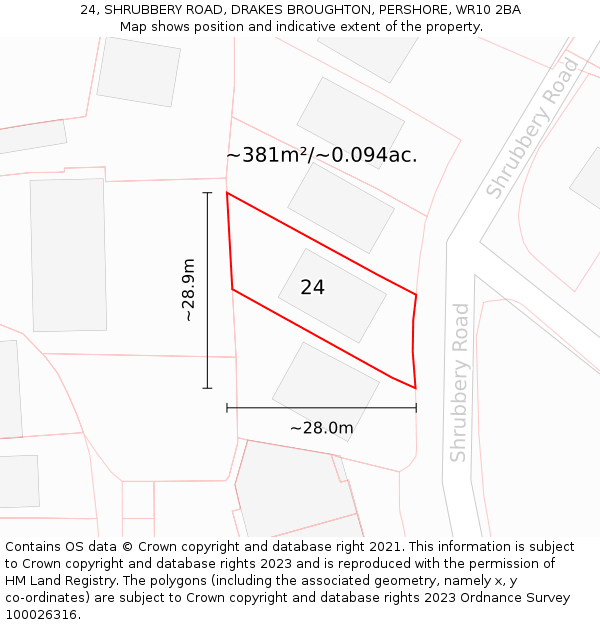 24, SHRUBBERY ROAD, DRAKES BROUGHTON, PERSHORE, WR10 2BA: Plot and title map