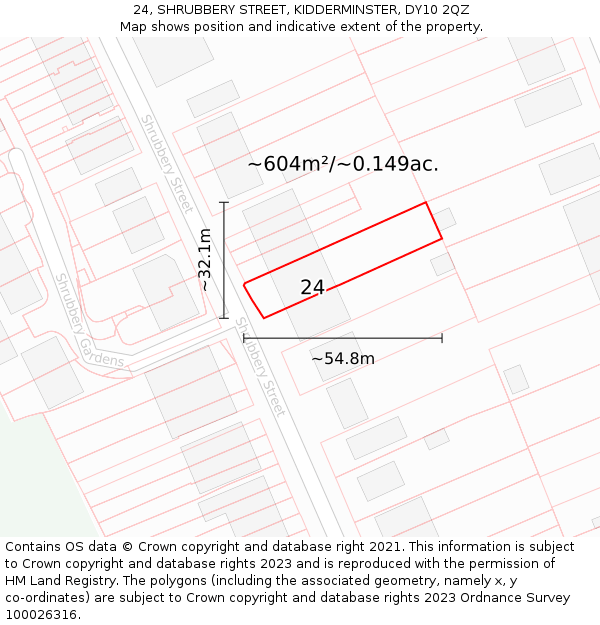 24, SHRUBBERY STREET, KIDDERMINSTER, DY10 2QZ: Plot and title map