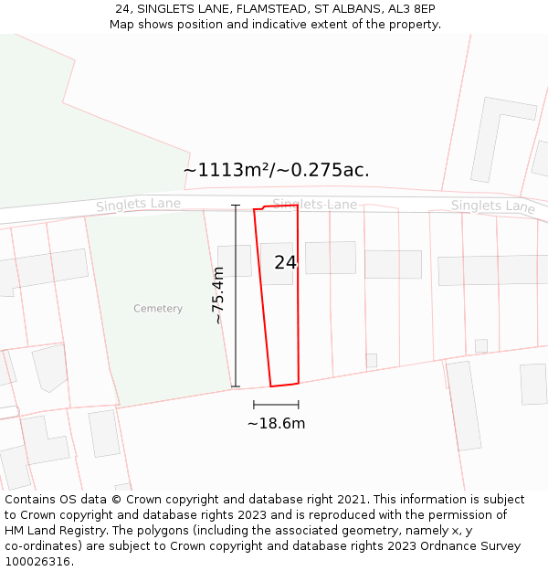 24, SINGLETS LANE, FLAMSTEAD, ST ALBANS, AL3 8EP: Plot and title map