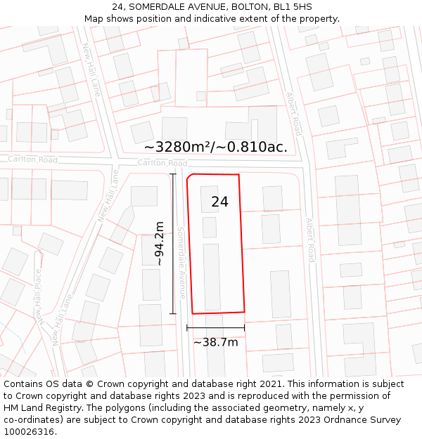 24, SOMERDALE AVENUE, BOLTON, BL1 5HS: Plot and title map