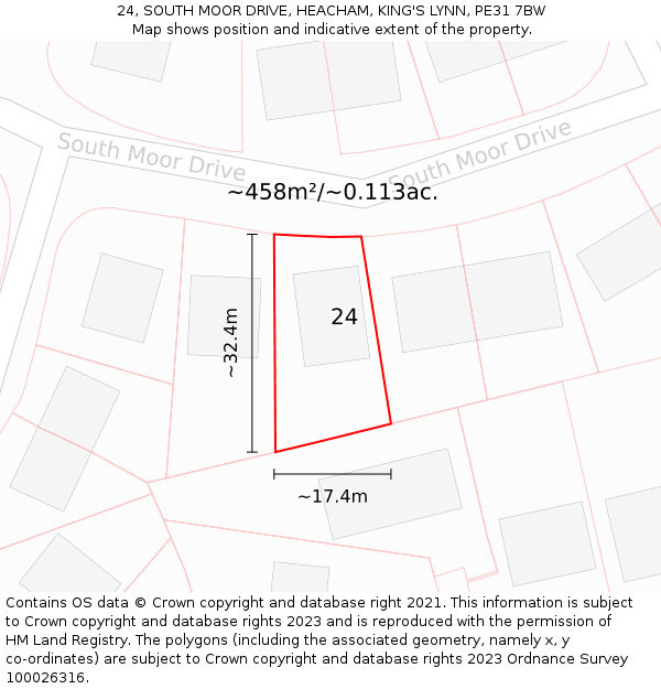 24, SOUTH MOOR DRIVE, HEACHAM, KING'S LYNN, PE31 7BW: Plot and title map