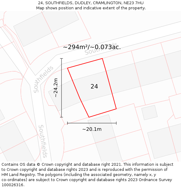 24, SOUTHFIELDS, DUDLEY, CRAMLINGTON, NE23 7HU: Plot and title map