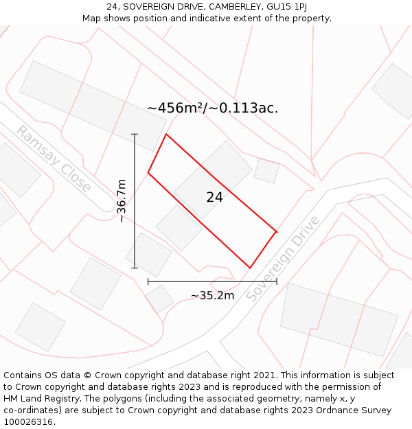 24, SOVEREIGN DRIVE, CAMBERLEY, GU15 1PJ: Plot and title map
