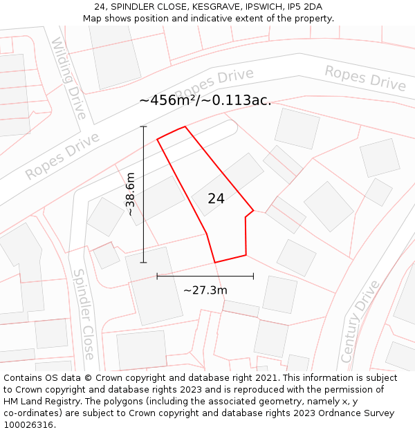 24, SPINDLER CLOSE, KESGRAVE, IPSWICH, IP5 2DA: Plot and title map