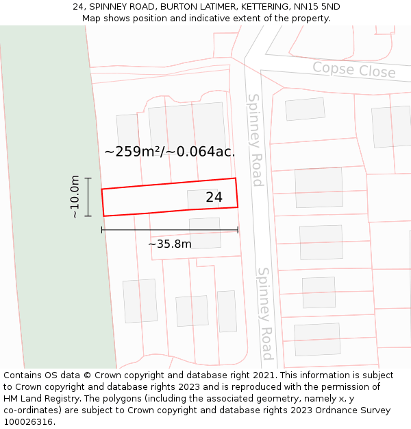 24, SPINNEY ROAD, BURTON LATIMER, KETTERING, NN15 5ND: Plot and title map