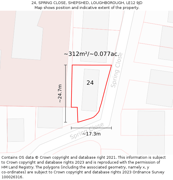 24, SPRING CLOSE, SHEPSHED, LOUGHBOROUGH, LE12 9JD: Plot and title map