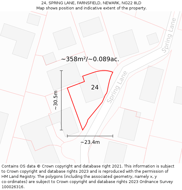 24, SPRING LANE, FARNSFIELD, NEWARK, NG22 8LD: Plot and title map