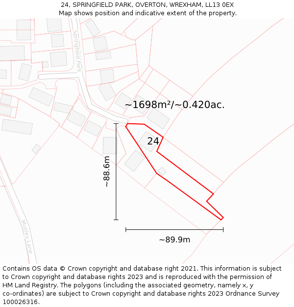24, SPRINGFIELD PARK, OVERTON, WREXHAM, LL13 0EX: Plot and title map
