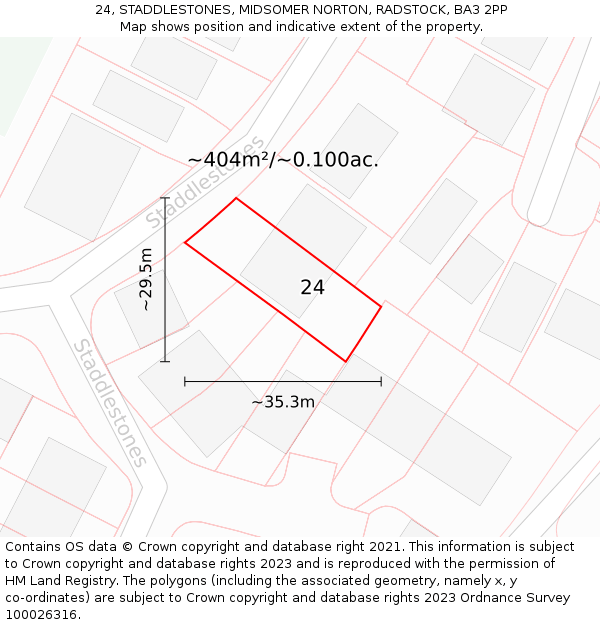 24, STADDLESTONES, MIDSOMER NORTON, RADSTOCK, BA3 2PP: Plot and title map