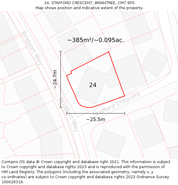 24, STAFFORD CRESCENT, BRAINTREE, CM7 9PS: Plot and title map