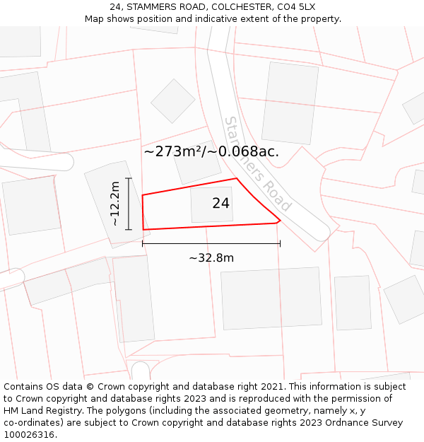 24, STAMMERS ROAD, COLCHESTER, CO4 5LX: Plot and title map