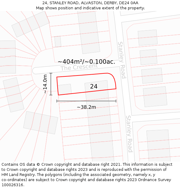 24, STANLEY ROAD, ALVASTON, DERBY, DE24 0AA: Plot and title map