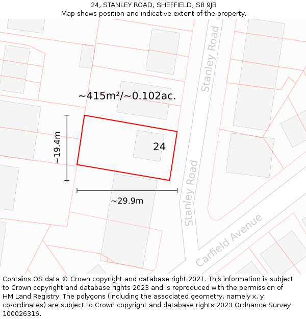 24, STANLEY ROAD, SHEFFIELD, S8 9JB: Plot and title map
