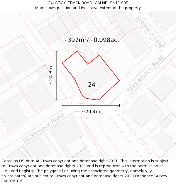 24, STICKLEBACK ROAD, CALNE, SN11 9RB: Plot and title map