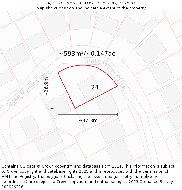 24, STOKE MANOR CLOSE, SEAFORD, BN25 3RE: Plot and title map