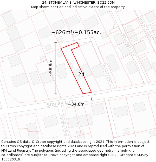 24, STONEY LANE, WINCHESTER, SO22 6DN: Plot and title map