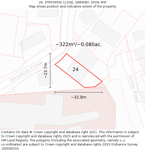 24, STROYKINS CLOSE, GRIMSBY, DN34 4NF: Plot and title map