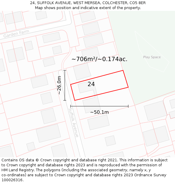 24, SUFFOLK AVENUE, WEST MERSEA, COLCHESTER, CO5 8ER: Plot and title map