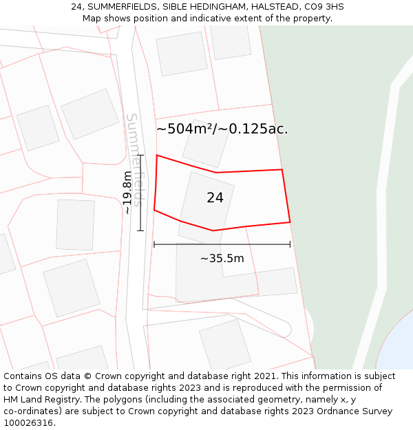 24, SUMMERFIELDS, SIBLE HEDINGHAM, HALSTEAD, CO9 3HS: Plot and title map