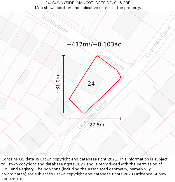 24, SUNNYSIDE, MANCOT, DEESIDE, CH5 2BE: Plot and title map