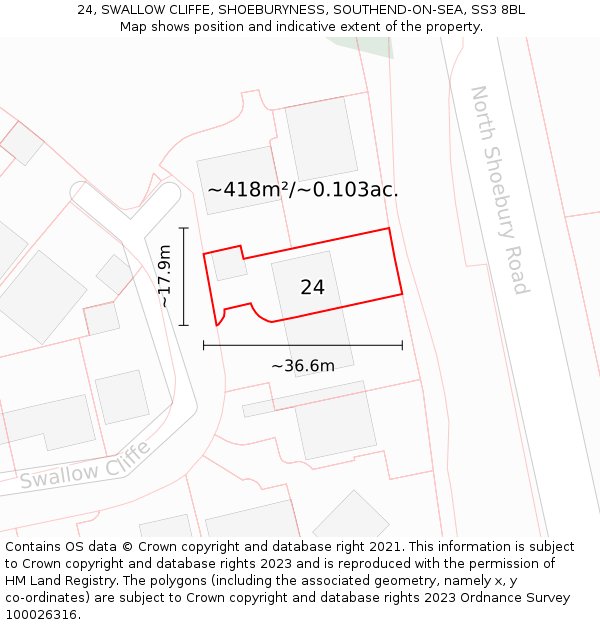 24, SWALLOW CLIFFE, SHOEBURYNESS, SOUTHEND-ON-SEA, SS3 8BL: Plot and title map