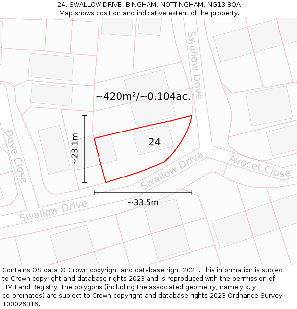 24, SWALLOW DRIVE, BINGHAM, NOTTINGHAM, NG13 8QA: Plot and title map